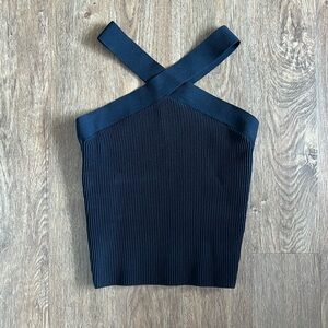 Aritzia Babaton Black Ribbed Cross-Strap Crop Top